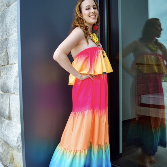 NWT Rainbow Ombre Boho Maxi Summer Dress S: Sm-Med - Picture 6 of 13